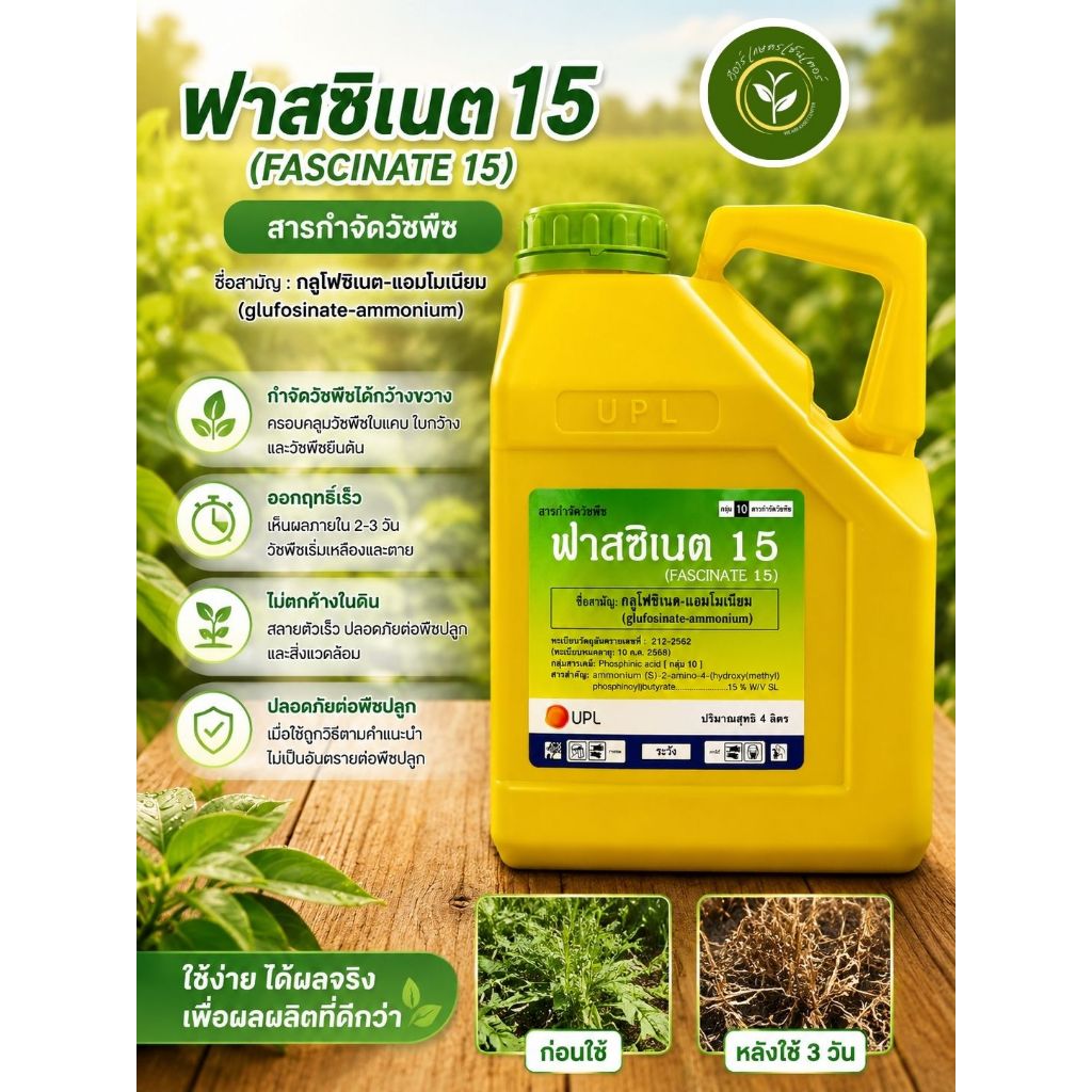 ฟาสซิเนต15(กลูโฟซิเนต-แอมโมเนียม)กำจัดวัชพืชใบแคบใบกว้าง และกก ในสวนทุเรียน ไร่มัน ขนาด4ลิตร