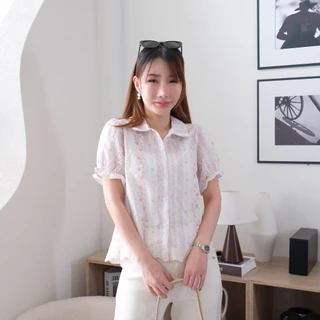 Lawyer Store [723321] เสื้อลูกไม้ คอปก แขนจั๊ม ลายดอก ผ้าลูกไม้ทั้งตัว สวมใส่สบาย เหมาะสำหรับวันลำลอง เสื้อผู้หญิง
