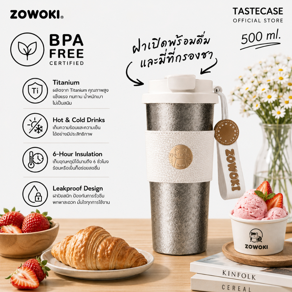 Zowoki CT1-500 กระบอกน้ำรักษาอุณหภูมิ แก้วเก็บความเย็น-ร้อน พร้อมที่กรองชาและถ้วยชา ความจุ 500 ml.