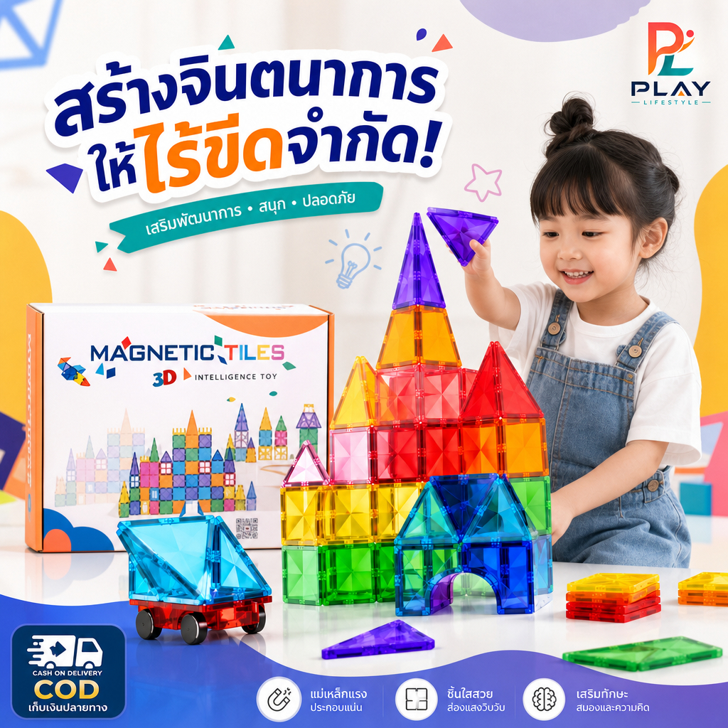 รุ่นขยาย 7.5ซม แผ่นตัวต่อแม่เหล็ก Magnet Tiles บล็อกตัวต่อ 3D แรงดึงดูดสูง ของเล่นเสริมพัฒนาการ DIY 60/100ชิ้น