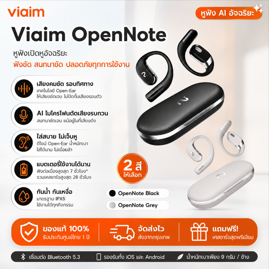[ของแท้] Viaim OpenNote หูฟัง AI แปลภาษาและประชุม｜หูฟังบลูทูธแบบเปิดหู ถอดเสียงได้ AI สรุปอัจฉริยะ อ