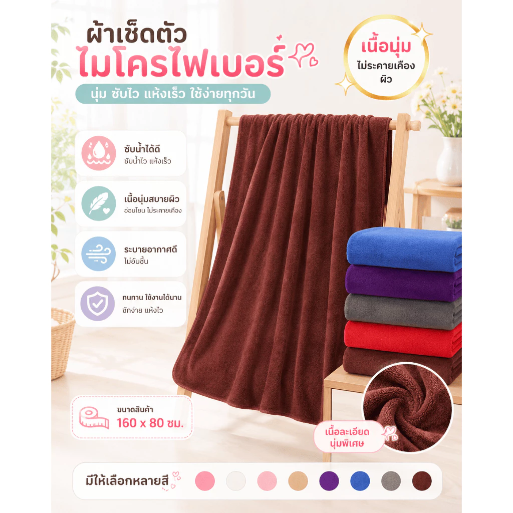 YJC-02【400กรัม】ขนาด 160x80 ซม. ผ้าเช็ดตัวผืนใหญ่ ผ้าขนหนูนาโน สีพื้น