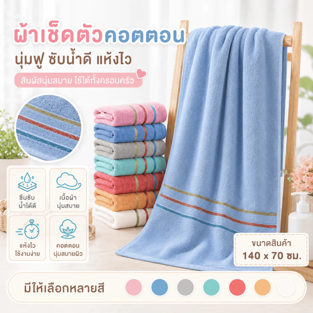 YJM-02【ขนาด 140x70 ซม】ผ้าเช็ดตัว ผ้าขนหนู คอตตอน 100% สีเข้ม ห่อตัวได้ สินค้าพร้อมส่ง