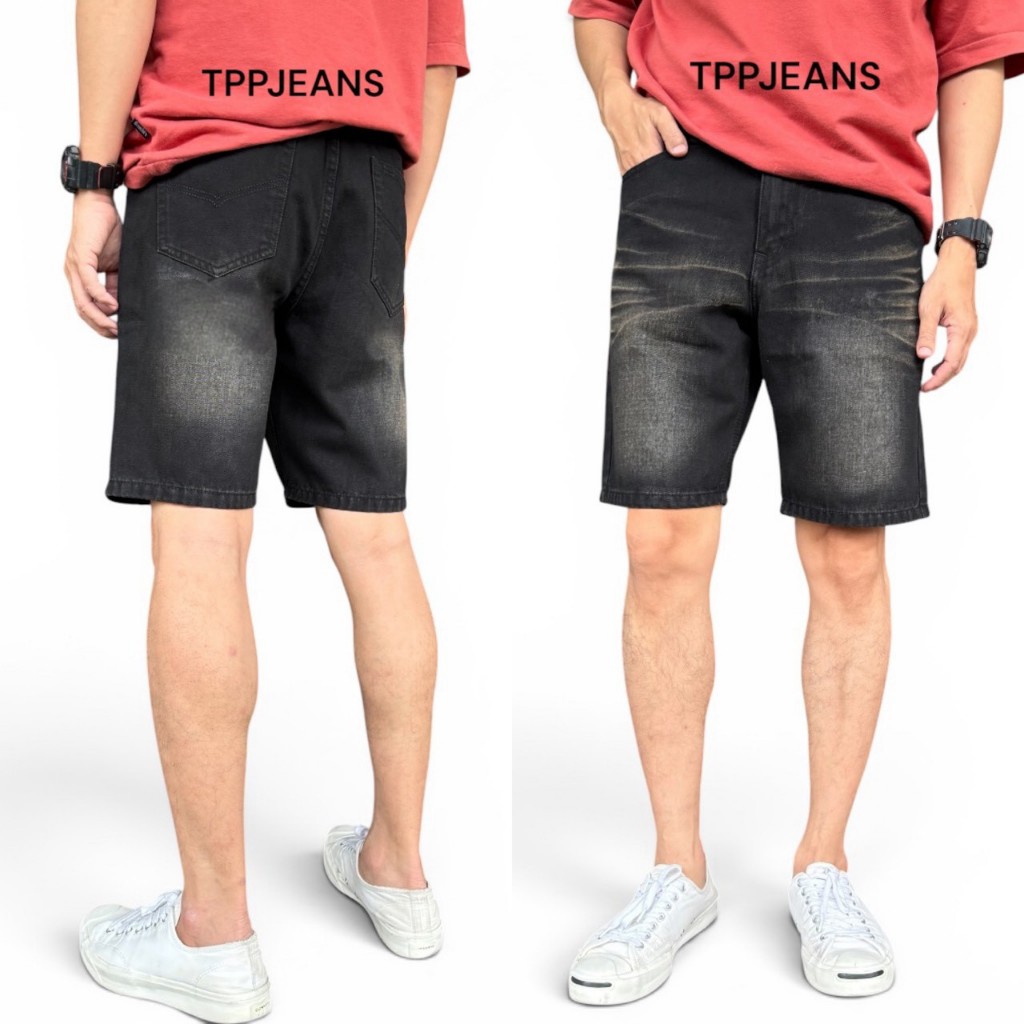 JEANSEXPRESS Men's Shorts กางเกงยีนส์ขาสั้นชายทรงเหนือเข่า สีดำฟอก ผ้านิ่ม ใส่สบาย ทรงสวย เป้าซิป Size 28-36
