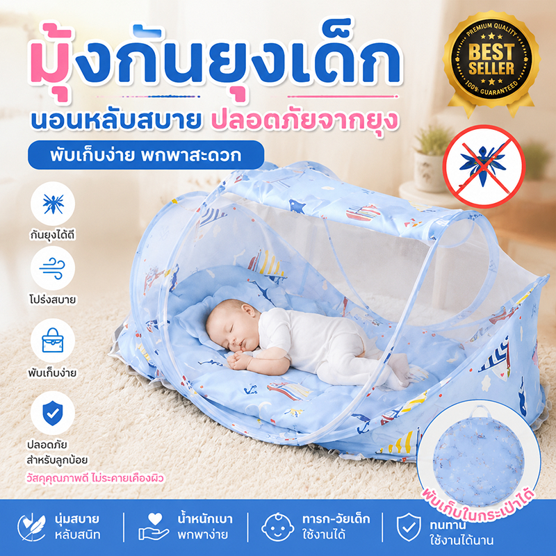 มุ้งครอบเด็กอ่อน ไซส์L พับได้ ป้องกันยุง 360° พร้อมที่เก็บ พกพาง่าย มี4สี ส่งฟรี