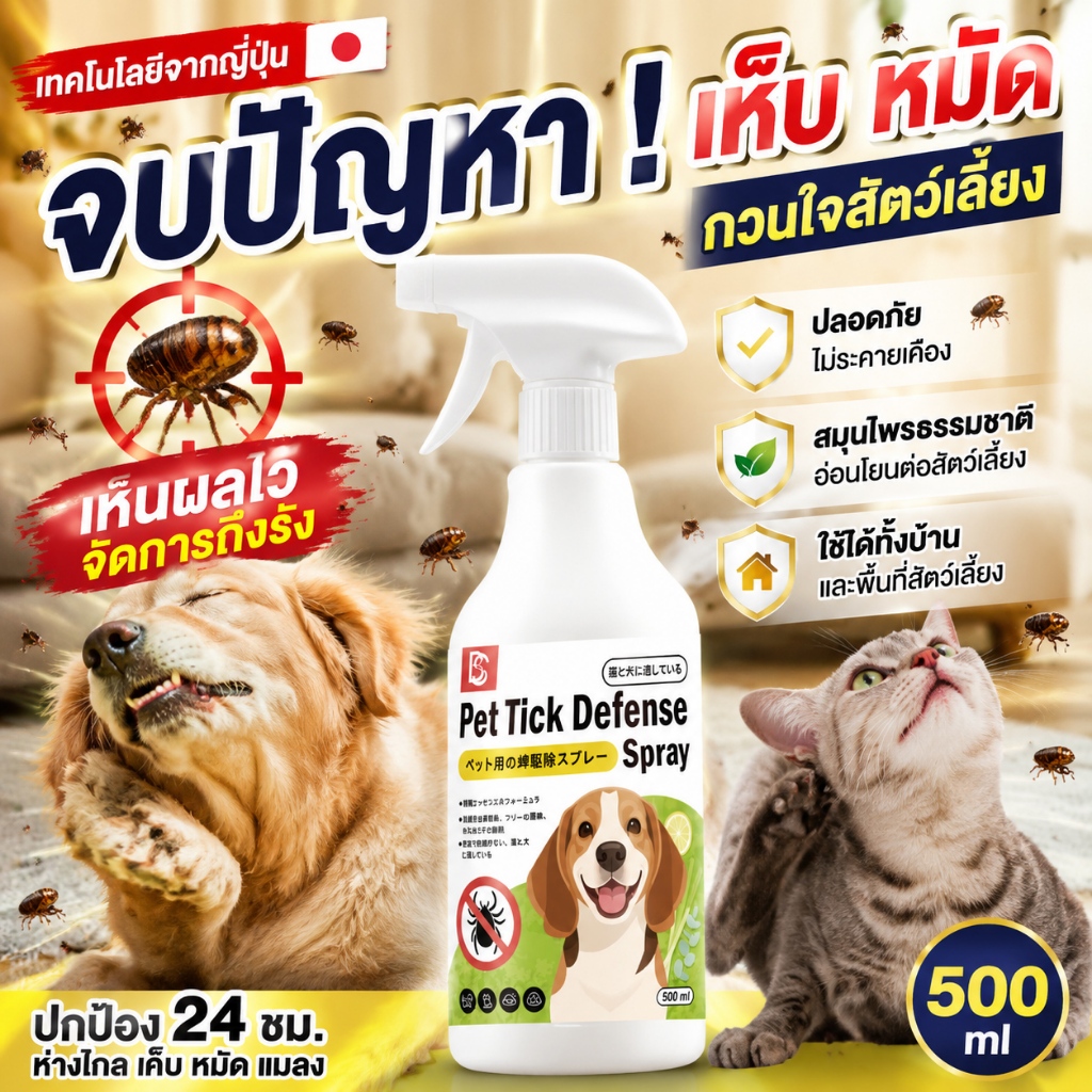 สเปรย์กำจัดหมัดและเห็บ 500ml กำจัดหมัดหมา หมัดแมว เห็นผลเร็ว ปลอดภัยต่อสัตว์เลี้ยง ใช้งานง่าย
