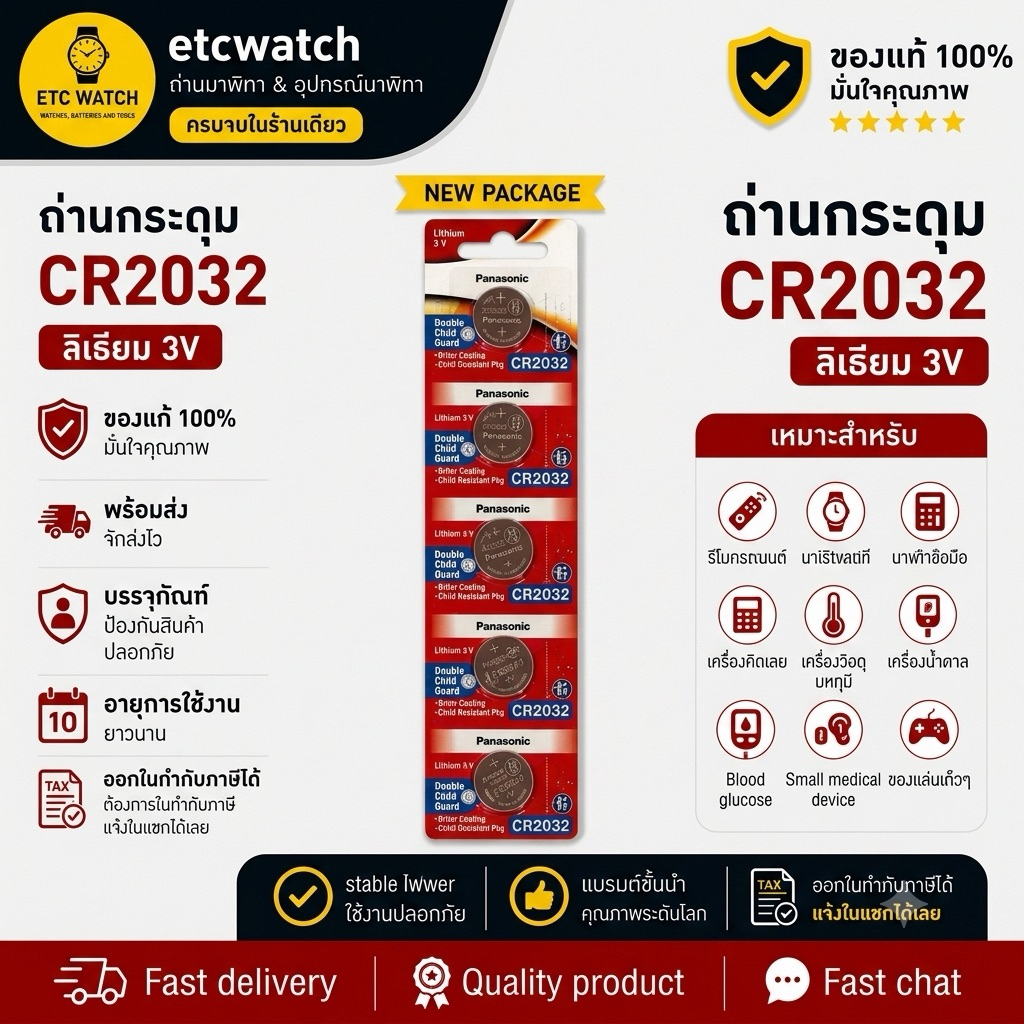 พร้อมส่ง> ถ่านกระดุม Panasonic CR2032 1 แพค 5 ก้อน ของแท้จากพานาโซนิคประเทศไทย ถ่านล็อตใหม่