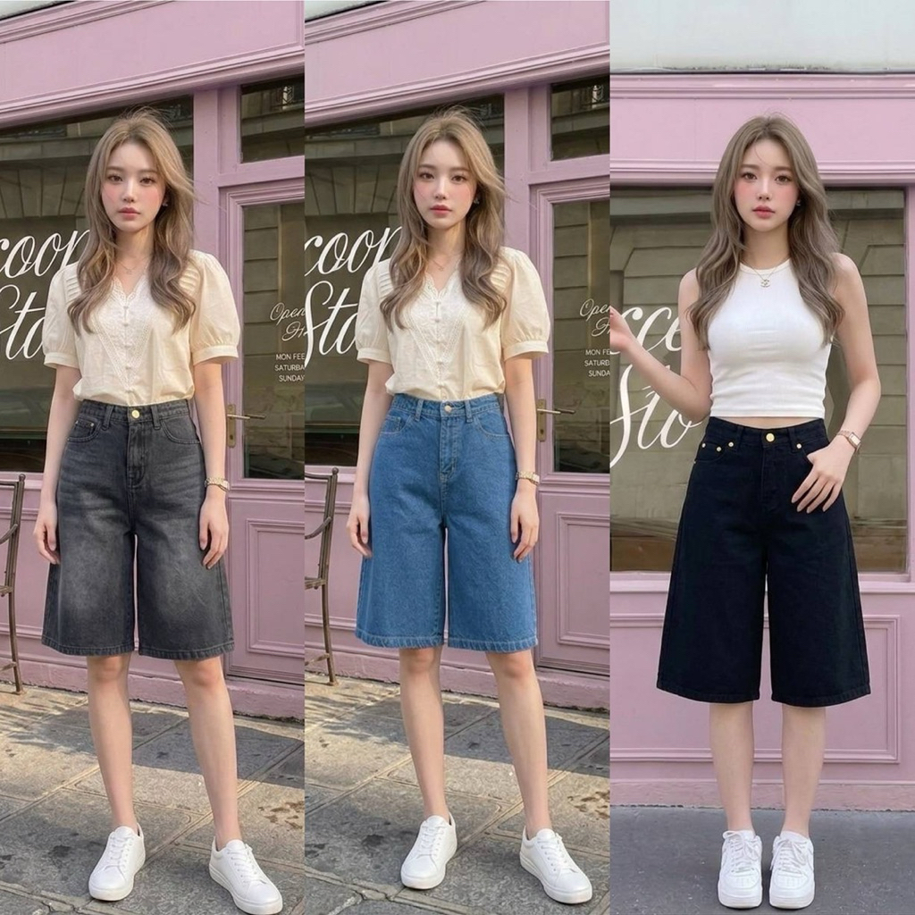 กางเกงยีนส์ฟอกทรง4ส่วนผ้าไม่ยืดทรงกระบอกทรงเอบานออกเล็กนัอยสวยเป๊ะS-XL🆕