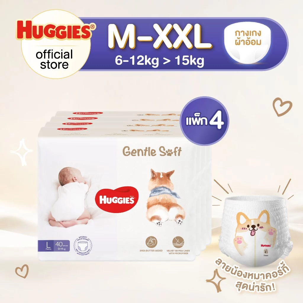 [ยกลัง 2 ลัง] Huggies Gentle Soft ผ้าอ้อมเด็กซุปเปอร์พรีเมียม แบบกางเกง ฮักกี้ส์ เจนเทิล ซอฟท์ ไซส์ M-XXL