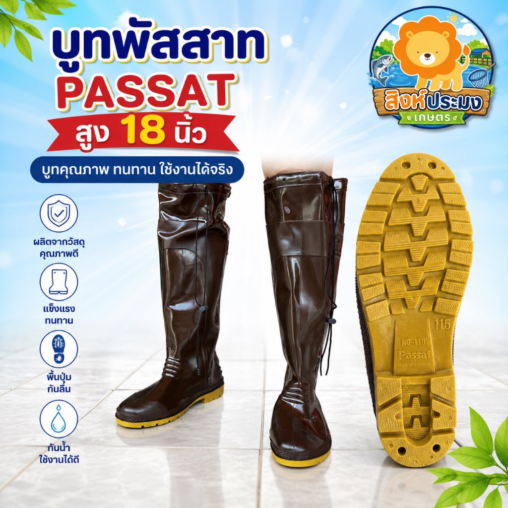 พัสสาท รองเท้าบูท Passat สูง18นิ้ว ระดับหัวเข่า บูท ลุยน้ำ ยางพารา บูทแม่ค้า บู้ทยาว กันน้ำ boot