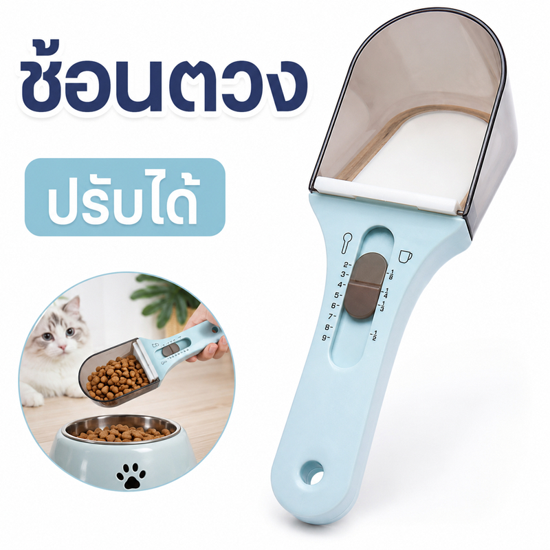 พร้อมส่ง! ช้อนตวงอาหารสัตว์เลี้ยง ปรับระดับได้ ช้อนตักอาหารแมวหมา ถ้วยตวงอาหารเม็ด ใช้งานง่าย ด้ามจับกันลื่น ล้างง่าย