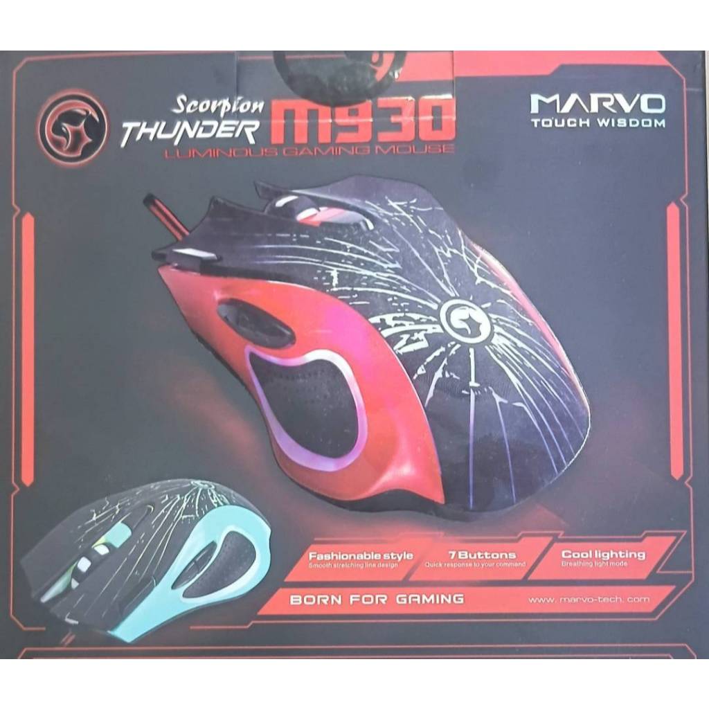 MARVO Scorpion Thunder M930 Luminous Gaming Mouse เมาส์เกมมิ่งมีสาย 7 ปุ่ม ใช้ไฟ 5V, กระแสไฟ 100mA
