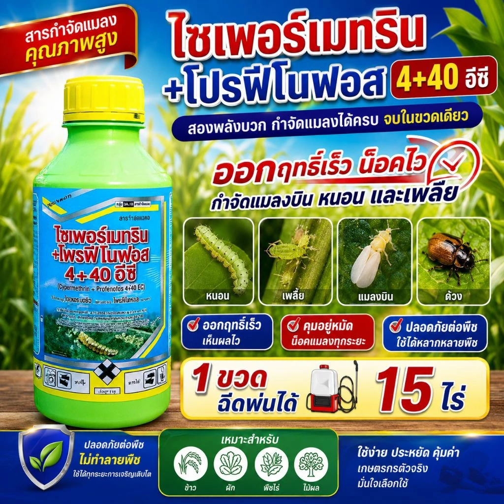 ไซเพอร์เมทริน+โพรฟีโนฟอส 4+40% อีซี 1ลิตร น็อคเร็ว น็อคไว ทั้งแมลงบิน แม่ผีเสื้อ เพลี้ยะและหนอน 1 ขวดฉีดพ่นได้ 15-20 ไร่