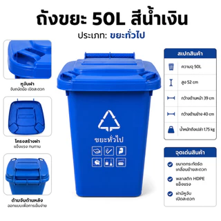 ถังขยะ ถังขยะกทม. (30ลิตร 50ลิตร มีล้อ ) ฝาเปิด ถังพลาสติก สีเขียว น้ำเงิน คุณภาพดี ทนทาน สวยงาม ถังขยะแยกประเภท