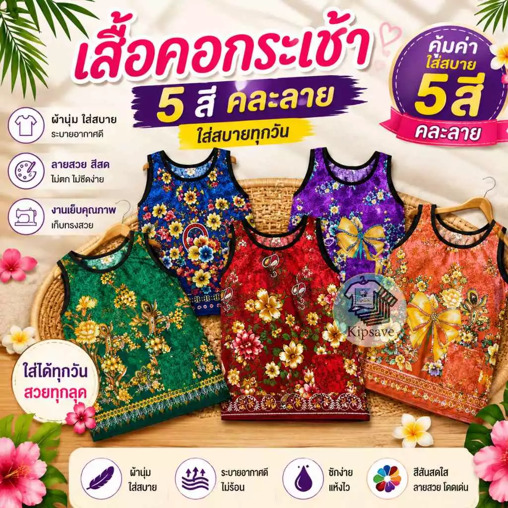 เสื้อคอกระเช้า 5 ตัว เสื้อคอกระเช้าผ้าเด้ง สุ่มสีสุ่มลาย พร้อมส่ง (F5200)