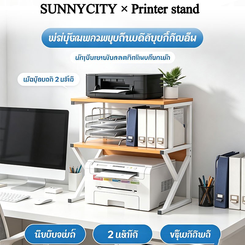 AiHome โต๊ะทำงานพร้อมชั้นวางเครื่องพิมพ์  ชั้นวางที่เพิ่มขึ้นช่วยประหยัดพื้นที่