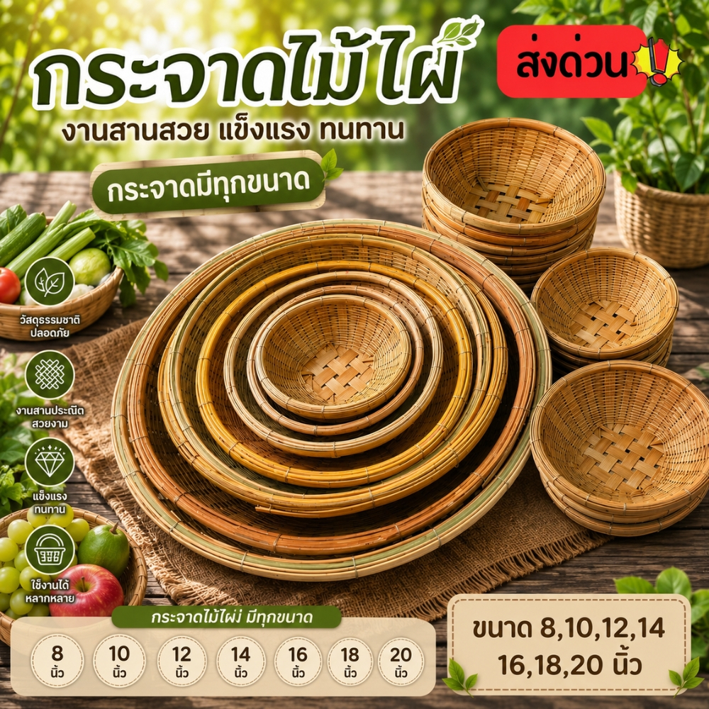 กระจาดไม้ไผ่แท้ กระจาด งานสานด้วยมือ มีทุกขนาด 8-20 นิ้ว กระจาดผลไม้ กระจาดใส่ของ (ส่งทันที)