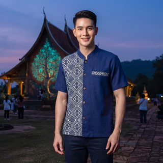 🎗เสื้อพื้นเมืองชาย ทูโทนลายขิด🎗