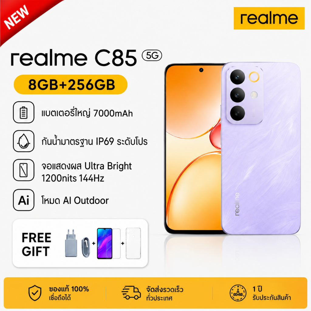 Realme C85 5G (8GB+256GB) สมาร์ทโฟน จอใหญ่ 6.9 นิ้ว 120Hz กล้อง AI 50MP แบตเตอรี่ 7000mAh ชาร์จเร็ว 33W