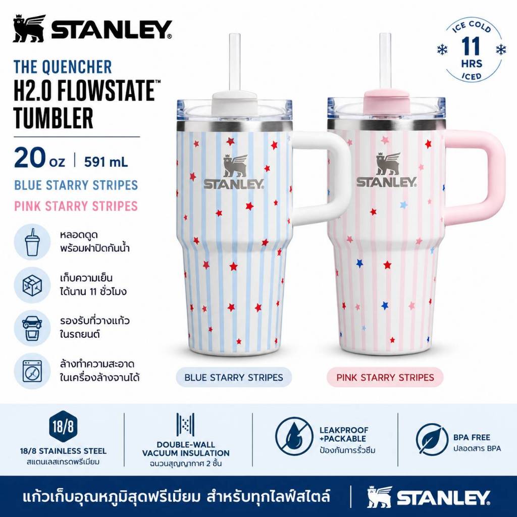 Stanley 20 oz H2.0 FlowState Quencher Tumbler แก้วเก็บความเย็นพรีเมียมสแตนเลสแท้ลิขสิทธิ์