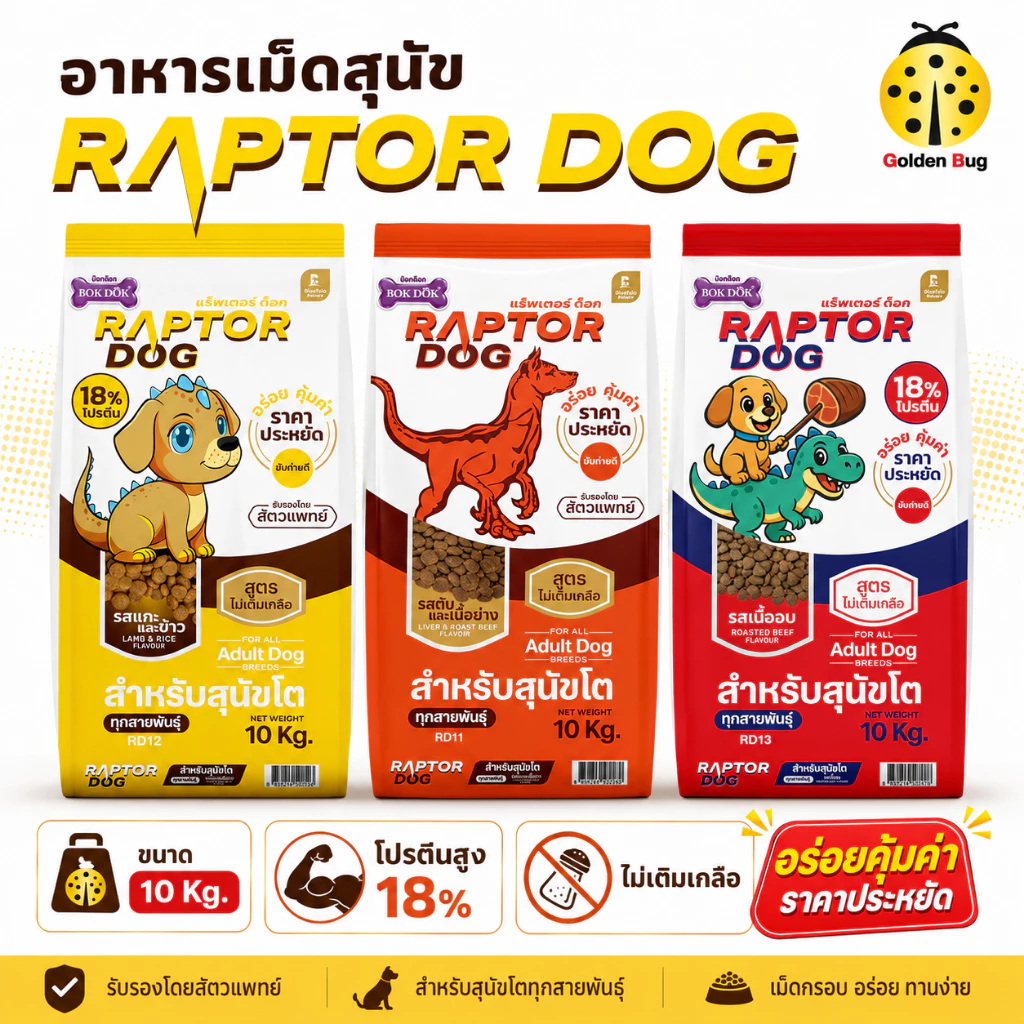RAPTOR DOG แร็พเตอร์ ด็อก อาหารสุนัข ขนาด 10kg ไม่เติมเกลือ สารอาหารครบถ้วน