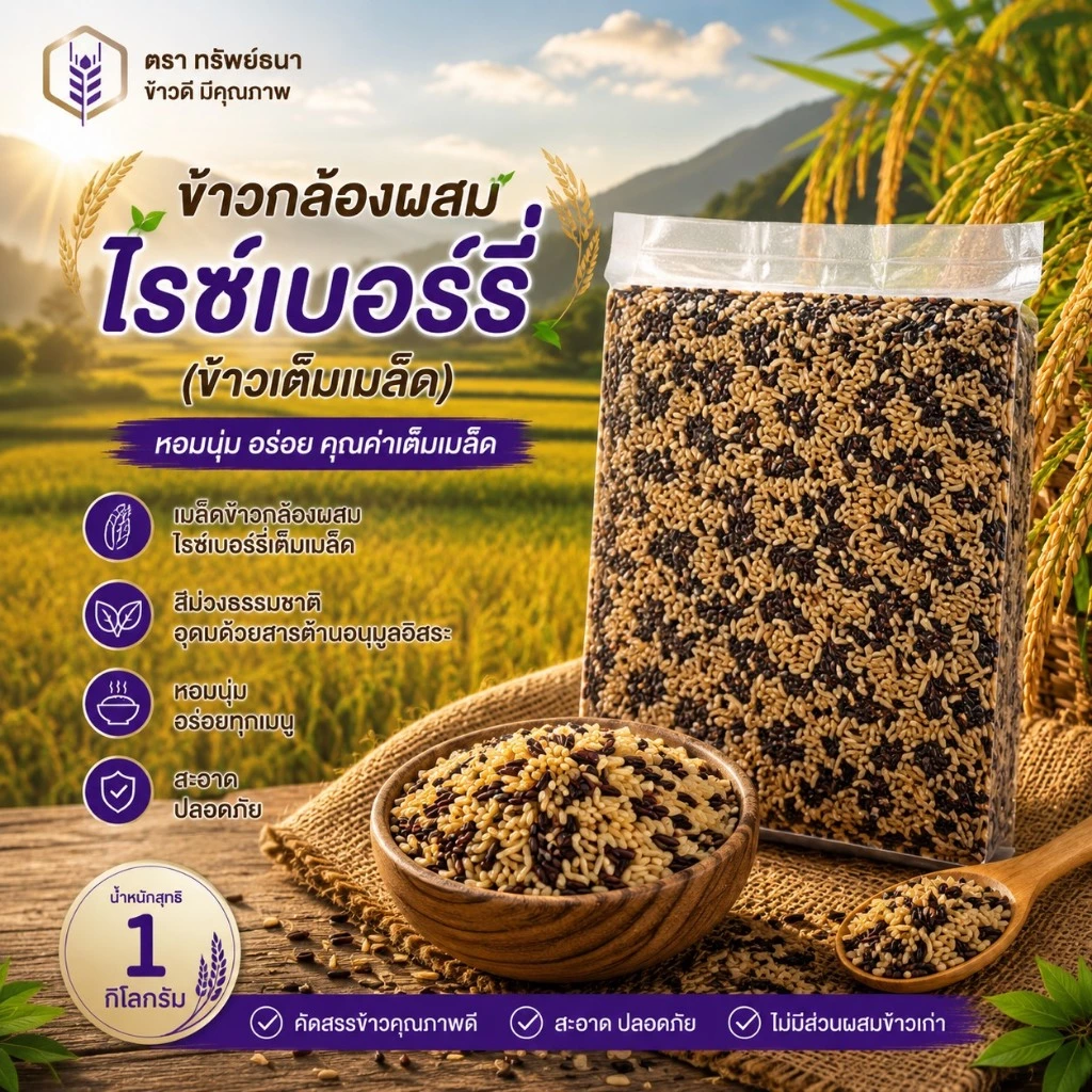 ข้าวกล้องผสมไรซ์เบอร์รี่ แพคสุญญากาศ 1 กิโลกรัม ตราทรัพย์ธนา หุงง่าย อร่อย