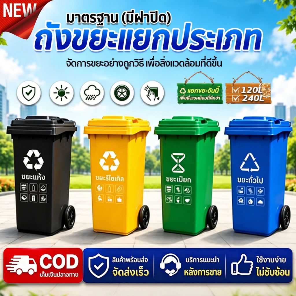 เลือกใช้ถังขยะเกรด A หนาพิเศษ รักษ์สิ่งแวดล้อม 120L/240L ดีไซน์ฝาปิด กันกลิ่น ทนทาน ส่งด่วนจากกรุงเทพฯ