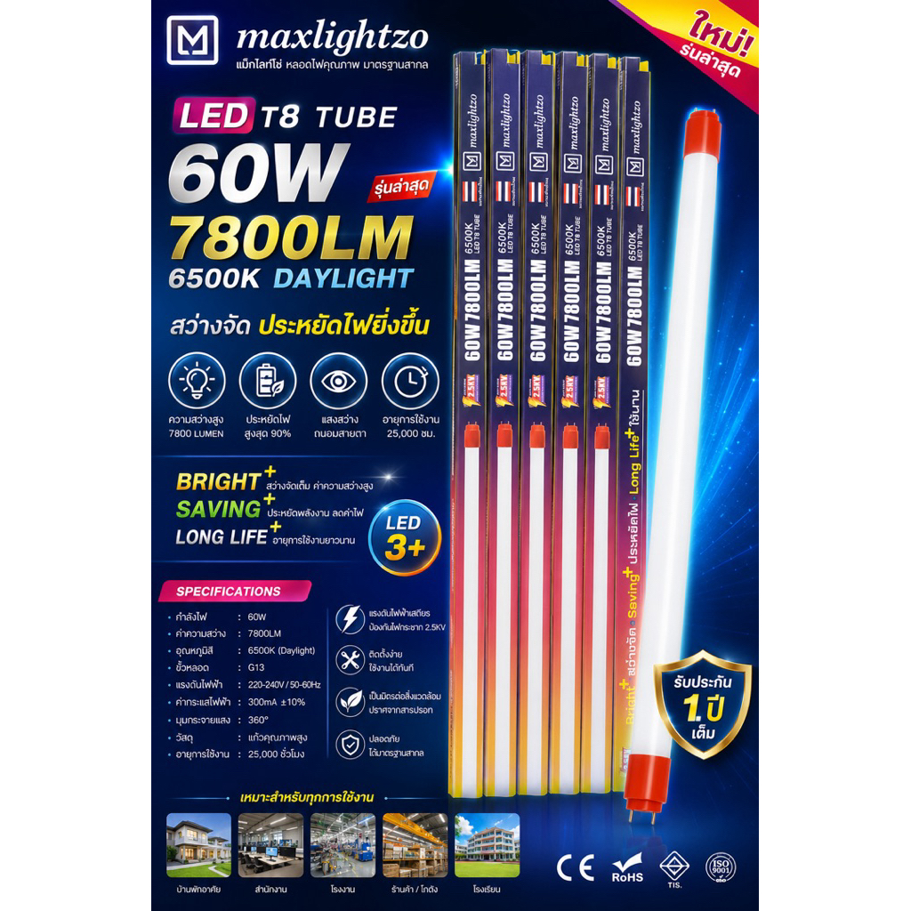 หลอด LED T8 Maxlightzo รุ่นล่าสุด 60W | 7,800 Lumens | Daylight 6500K สว่างเต็มกำลัง ประหยัดไฟ ใช้งานได้ยาวนาน
