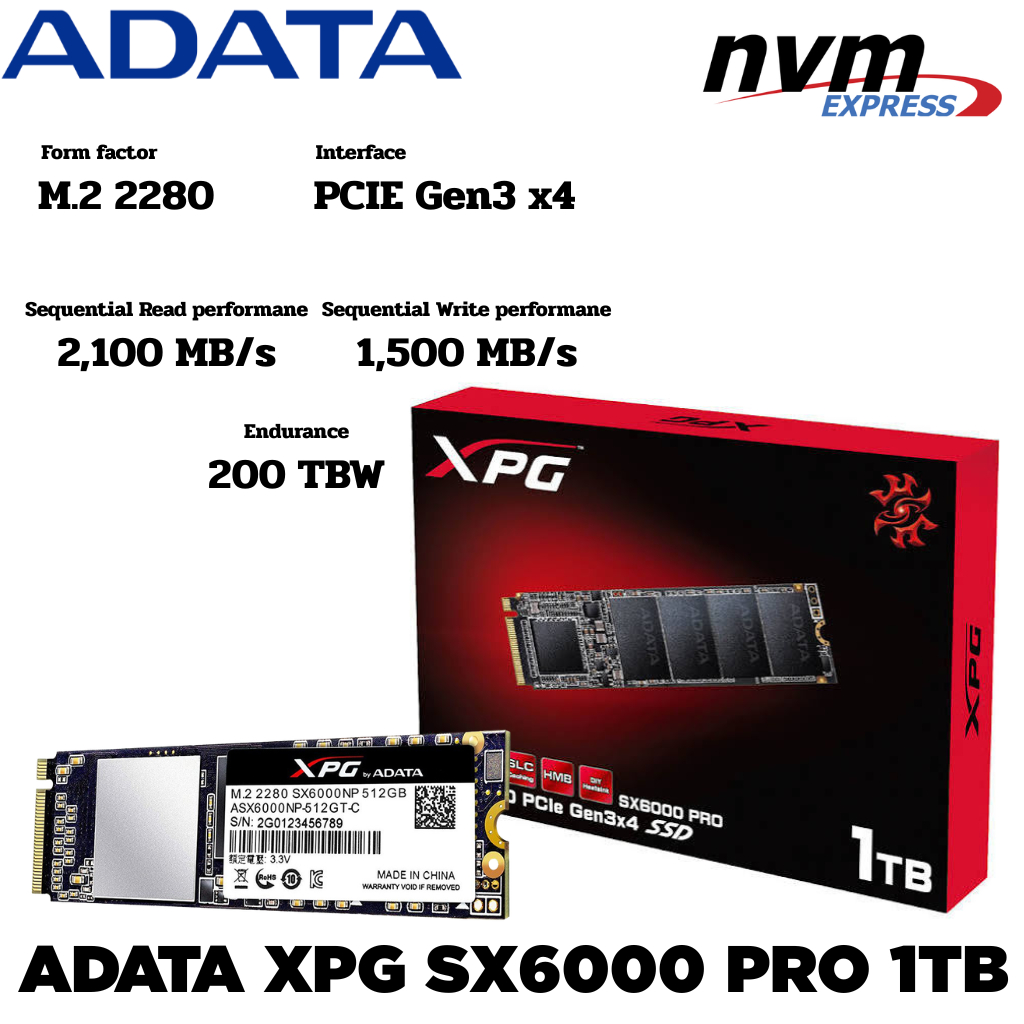M.2 1TB SSD (เอสเอสดี) ADATA XPG SX6000 PRO 1TB R2100/W1500