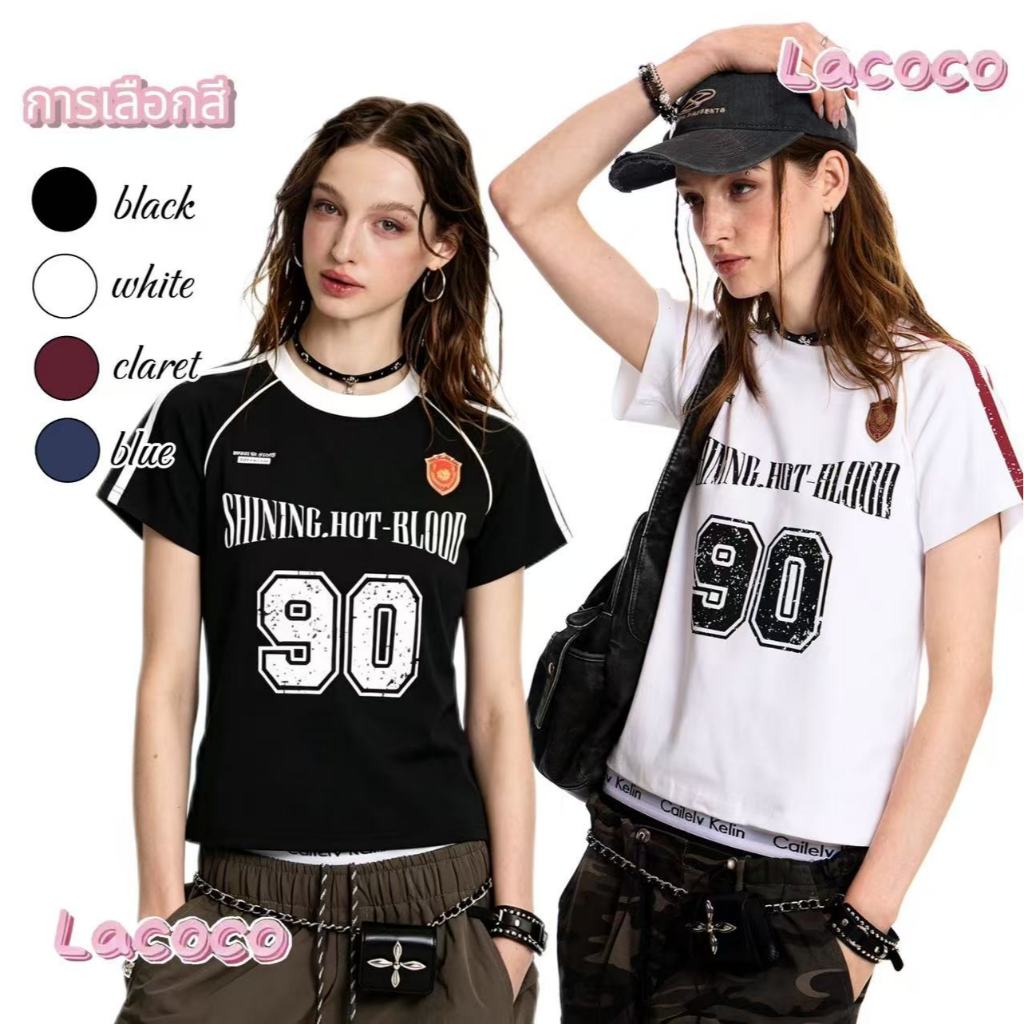 Lacoco คลังสินค้าพร้อม เสื้อยืดแขนสั้นคอกลมสำหรับผู้หญิง เสื้อกีฬาฤดูร้อน