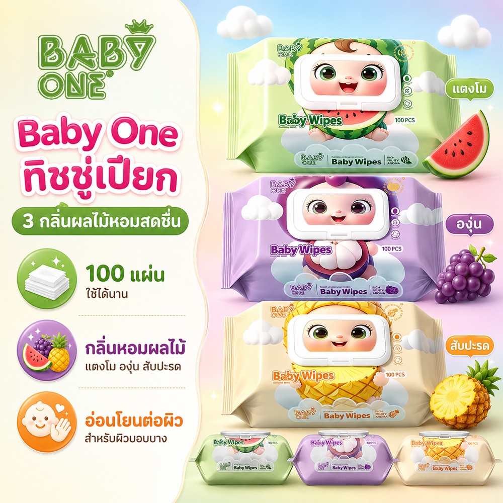 BABYONE ทิชชู่เปียกเด็ก 100 แผ่น ผ้าเช็ดทำความสะอาดเด็ก Wet Wipes เช็ดมือและปาก กลิ่นผลไม้ ปราศจากแอลกอฮอล์