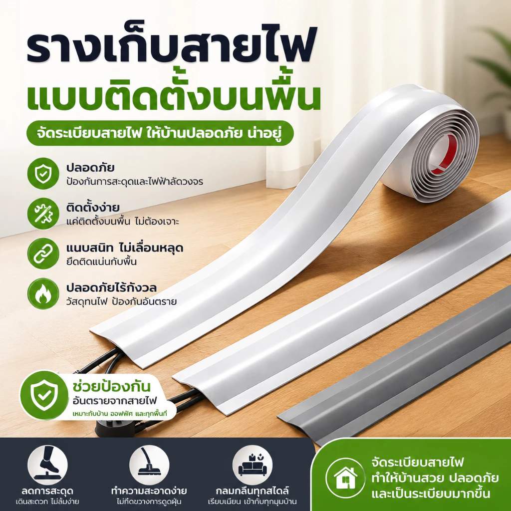 【พร้อมส่ง】รางเก็บสายไฟแบบยืดหยุ่น รางเดินสายไฟพื้น กันเหยียบ กันสะดุด รางเก็บสายไฟ PVC แบบอ่อน กาวในตัว ติดตั้งง่าย