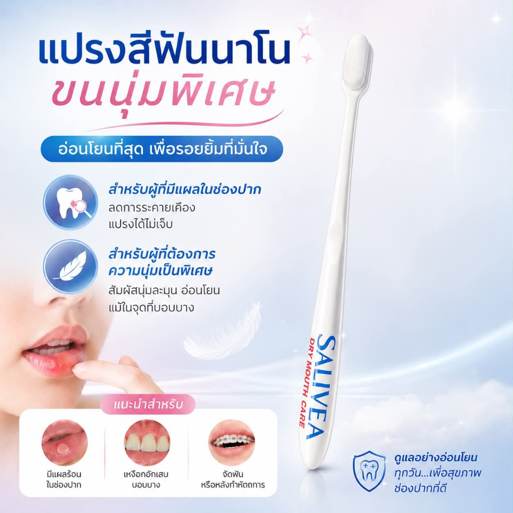 Salivea แปรงสีฟันนาโนขนนุ่มพิเศษ สำหรับผู้มีแผลในช่องปาก แผลร้อนใน  ถนอมเหงือก ไม่บาดแผล