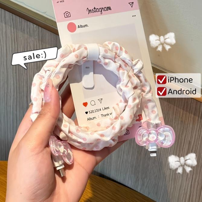 4PCS ตัวป้องกันสายชาร์จ ปลอกหุ้มสายเคเบิลลายจุดและโบว์ สำหรับป้องกันสายเคเบิลข้อมูล สายชาร์จ และอื่นๆ น่ารัก COD