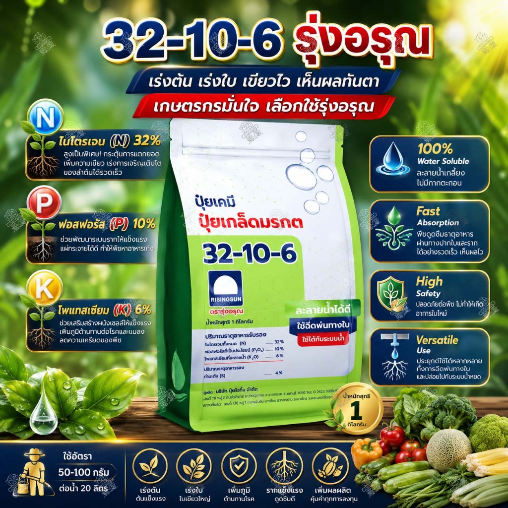 ‼️20ถุง‼️ ปุ๋ยเกล็ด รุ่งอรุณ 32-10-6 (1 กิโลกรัม) คุณภาพสูง เร่งต้น เร่งใบ เขียว เขียวนาน ปุ๋ยเขียว