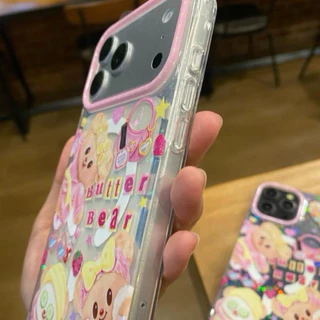 เคสอะครีลิคสกรีนลายน้องหมี มีที่ชาร์จไร้สาย แต่งโฮโลแกรมดาว ขอบนิ่ม งานเงา ปุ่ม Camera control ปิด