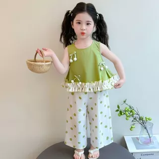 Babyonline(Y459)I4 (ส่งด่วน1วัน)ชุดเซ็ตเสื้อแขนกุดกางเกงขายาวสำหรับเด็กผู้หญิง ใส่สบาย ระบายอากาศ