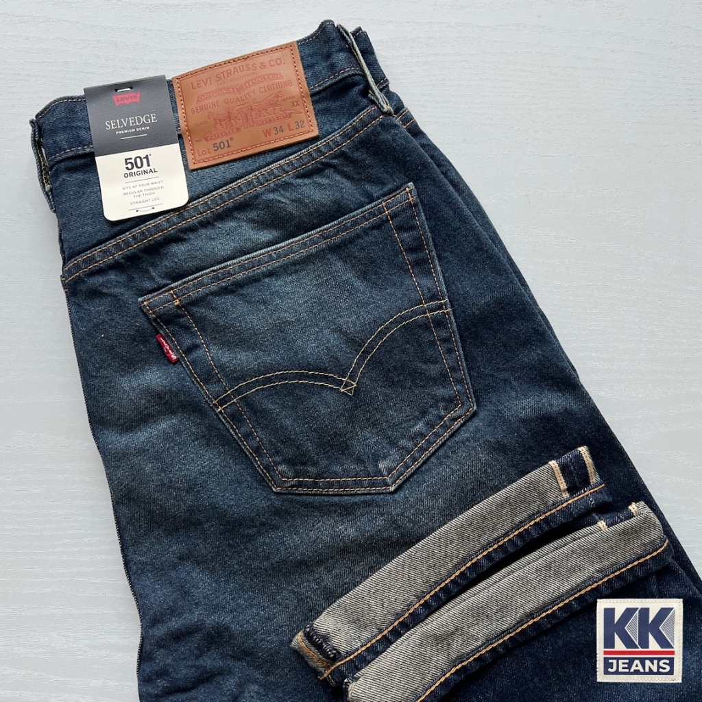 กางเกงยีนส์ LEVI'S Premium 501 บิ๊ก E ริมแดง สีน้ำเงิน ผ้าฟอกเซอ ของแท้ 100%