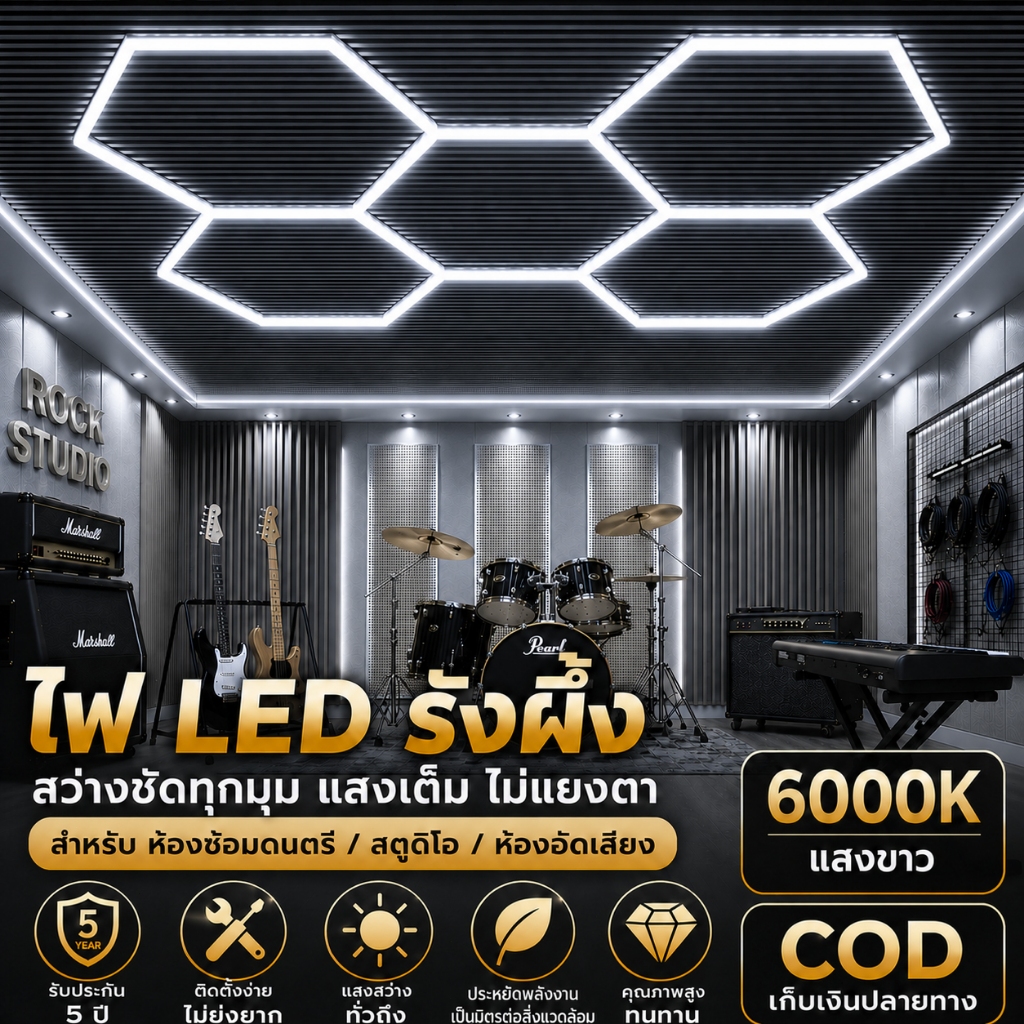 โคมไฟ LED รังผึ้ง 6 เหลี่ยม สำหรับร้านตัดผม แสงขาวเย็น 6000K กระจายแสงทั่วห้อง ไม่แสบตา ประหยัดไฟ ติดตั้งสะดวก