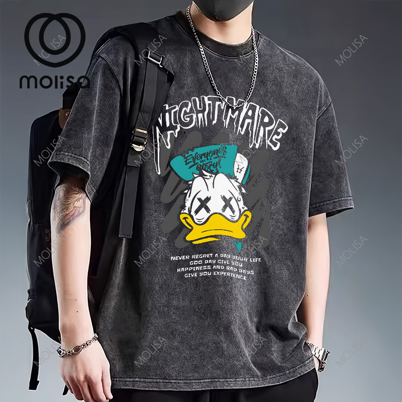 Molisa เสื้อยืด โอเวอร์ไซส์ ลายเป็ด NIGHTMARE ผ้าฟอกสีดำ คอกลม แขนสั้น ใส่สบาย สไตล์วินเทจ คุณภาพดี 68094#