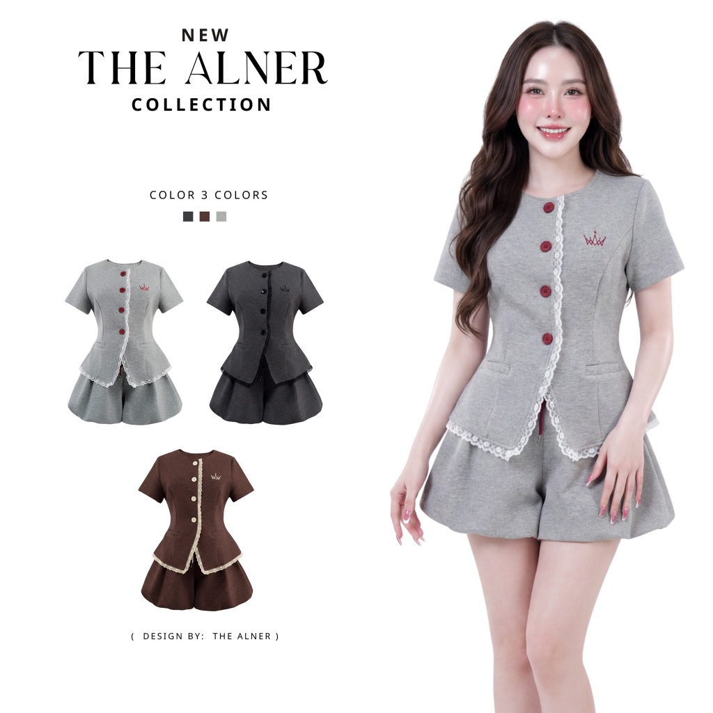 Thealner-DD13 (เซตเสื้อเทาแขนสั้นกระดุมแดง+กางเกงบอลลูน)