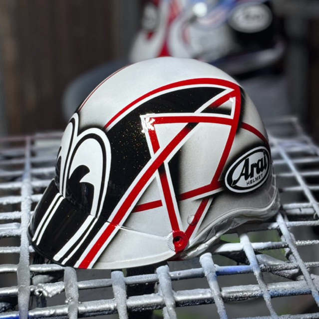 หมวกครึ่งใบ เพ้นท์ลาย Arai Nakano ลายดาว ขาวแดง