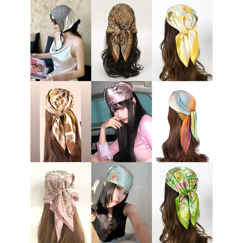 (พร้อมส่ง✨) ตัดรอบ 16.00 ส่งทุกวัน ผ้าโพกหัวซาติน มีหลายแบบ 70*70 ใส่ได้หลายแบบ✨