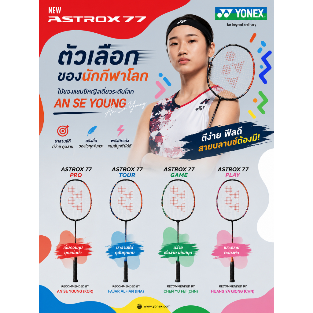 YONEX ASTROX 77 SERIES ตัวเลือกของนักกีฬาโลก  ไม้ของแชมป์หญิงเดี่ยวระดับโลก An Se Young 77 dee