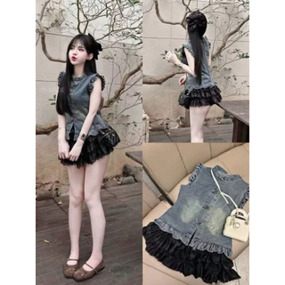 พร้อมส่ง ชุดเซท 2 ชิ้น MS MADE TOP เสื้อยีนส์ + กระโปรงกางเกงในตัว ชุดเดียวจบ