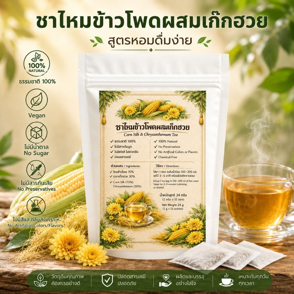 ชาไหมข้าวโพดผสมดอกเก๊กฮวย 12 ซองชา ความหอมละมุนที่ลงตัวของไหมข้าวโพดและดอกเก็กฮวยชาสมุนไพรที่ดื่มง่าย ไม่หนักเกินไป