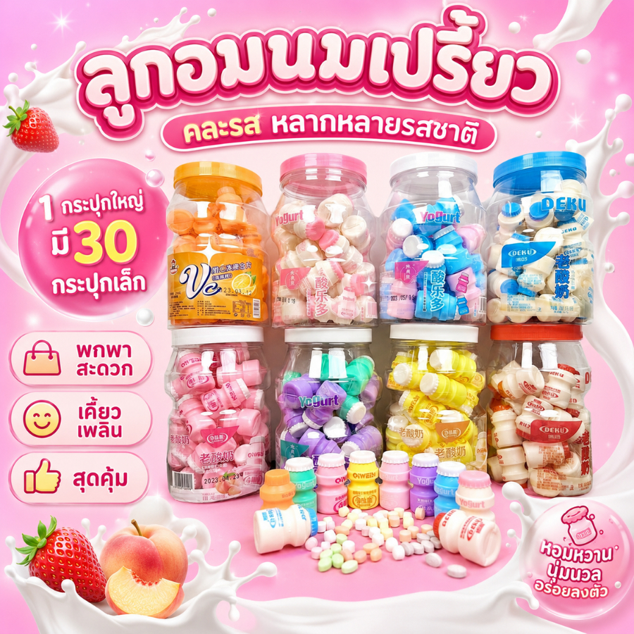 พร้อมส่ง ลูกอม นมเปรี้ยว (1กระปุก/30ชิ้น) ลูกอมยาคูล กลิ่นผลไม้ พีช สตอเบอร์รี่ องุ่น แตงโม มะม่วง องุ่น โค้ก ขนมทานเล่น