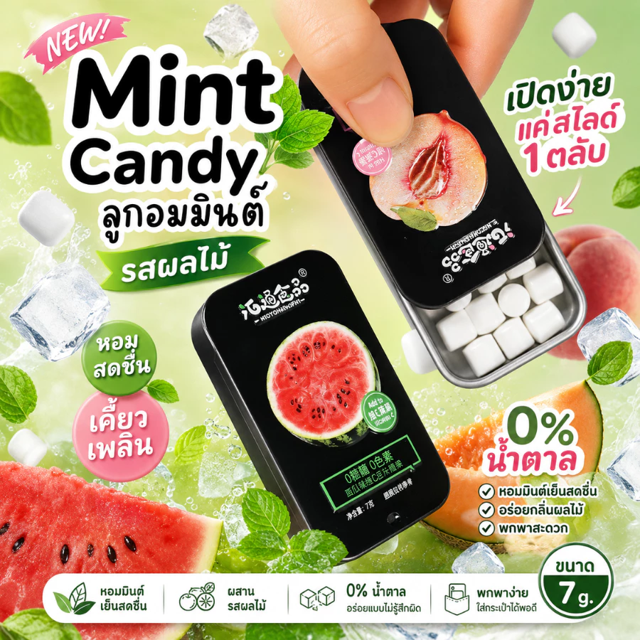 อันละ9บาท!! Mint Candy ลูกอมมินต์ (7กรัม) น้ำตาล0% กลิ่นผลไม้ แตงโม พีช สตอเบอร์รี่ เสาวรส หอม เย็น สดชื่น ลูกอมมิ้นต์