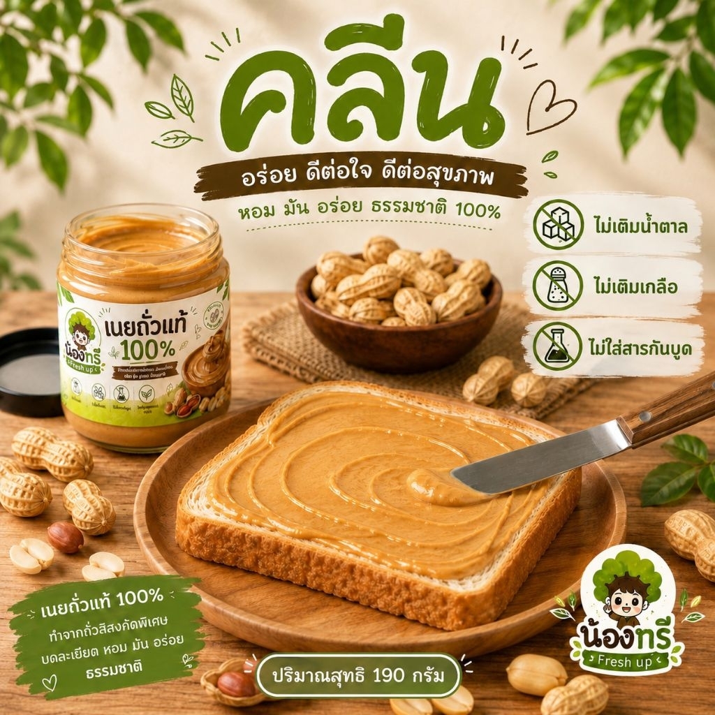 คลีนนัท เนยถั่วแท้ 100% ไม่เติมน้ำตาล ไม่เติมเกลือ ไม่ใส่สารกันบูด