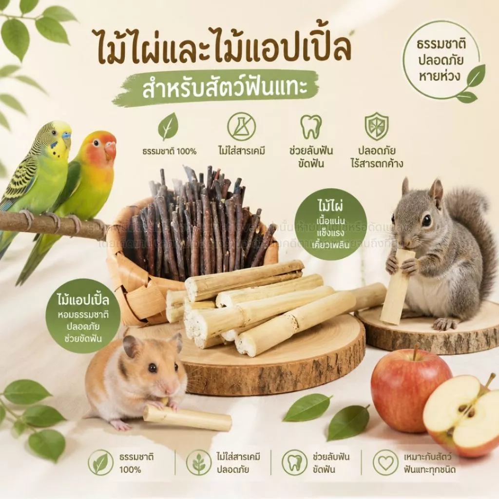 ไผ่หวาน ไม้แอปเปิ้ล ลับฟัน ขัดฟัน สำหรับนกแก้ว สัตว์ฟันแทะ สะอาด ปลอดภัย ไร้สารเคมี (แพ็ค 50G)